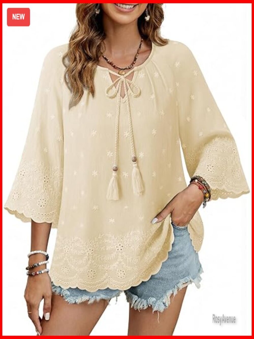 Boho V Neck 3/4 Sleeve Embroidered Blouse Flowy Vacation Tunic Top